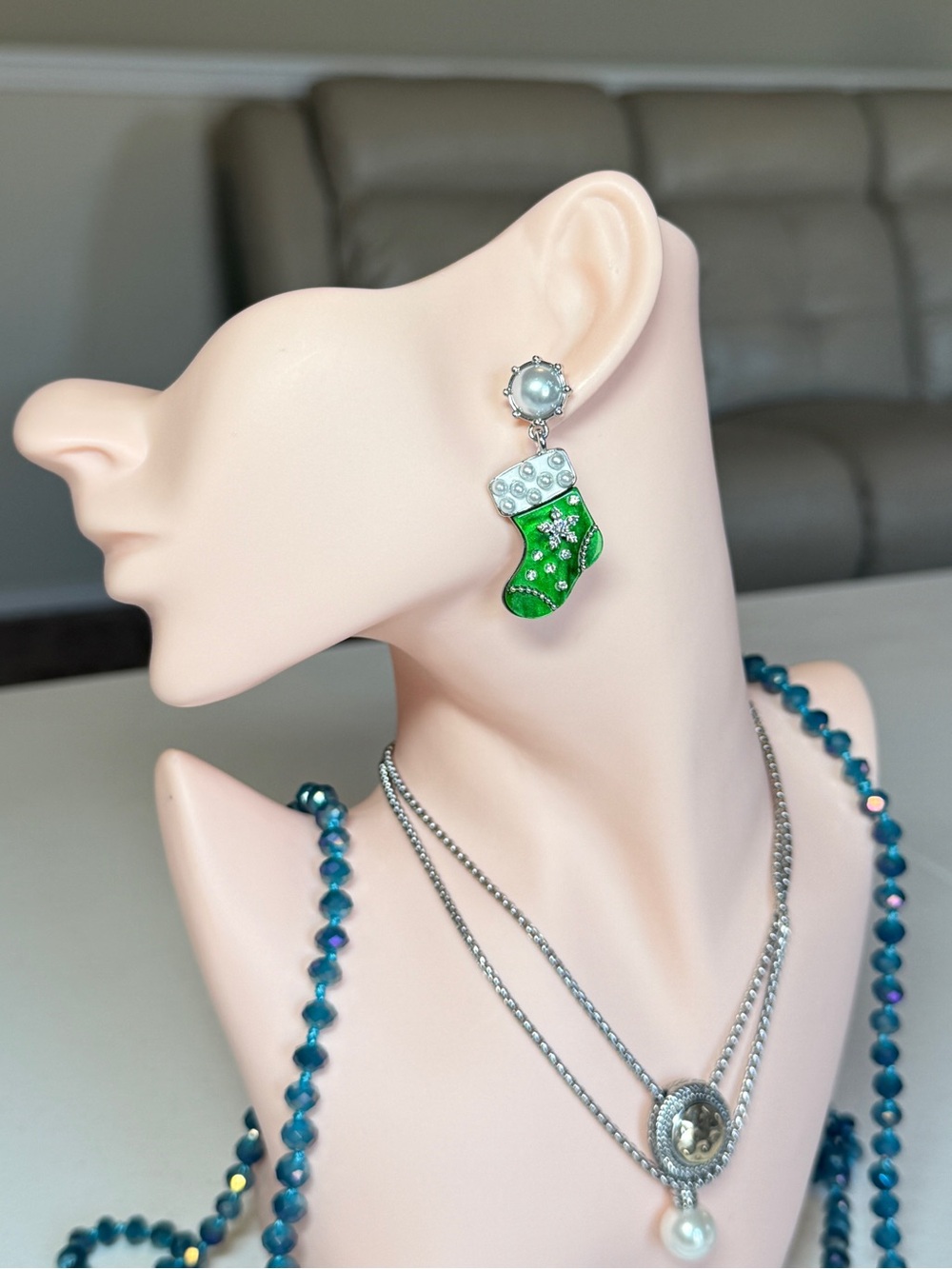 Pearl Top Green Christmas Stocking Drop Earrings